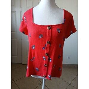 Candies Shirt‎ Large Red Floral Square Neck Short Sleeve Casual